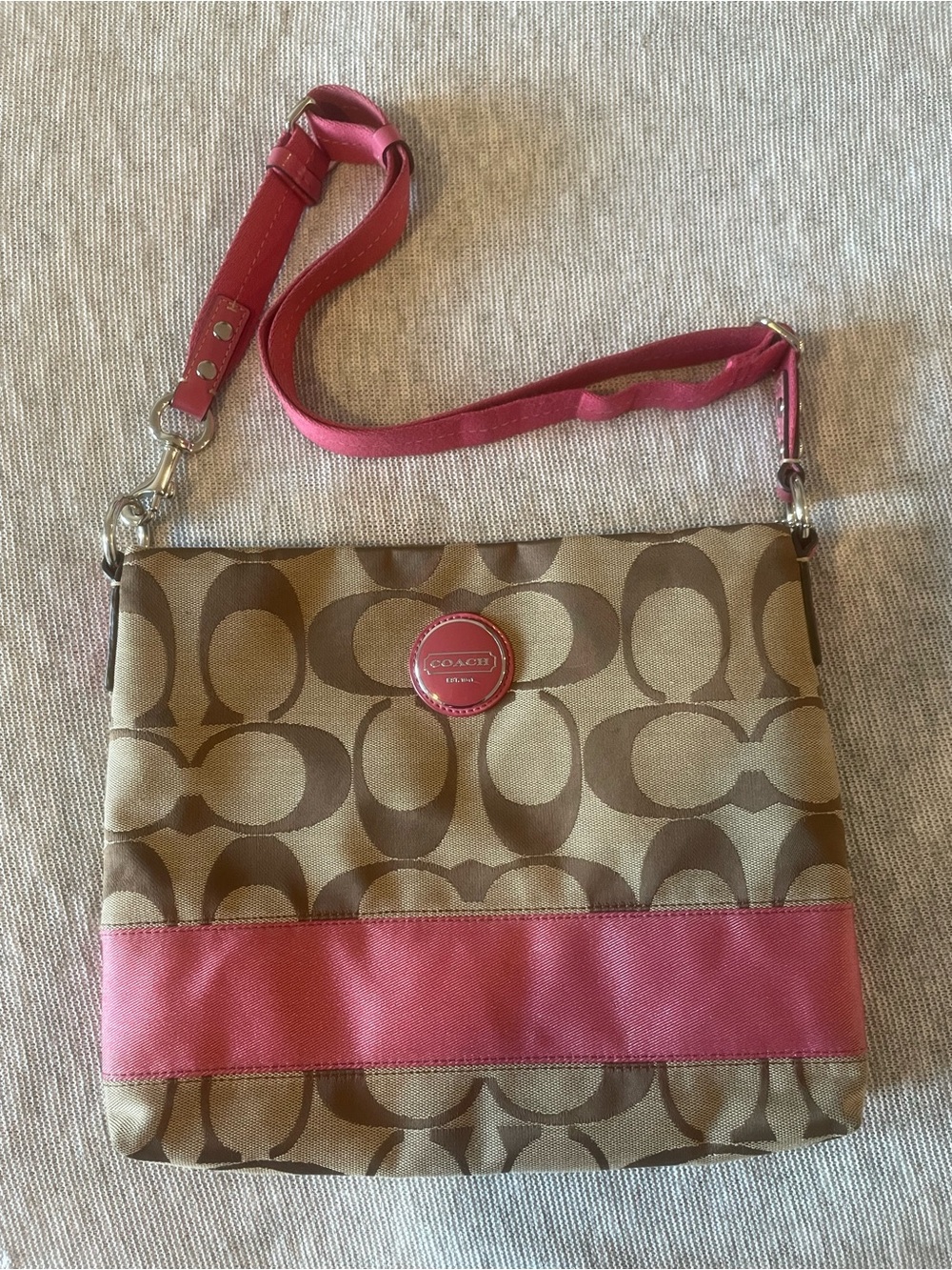 Coach Brown Signature Canvas Crossbody with Pink Trim